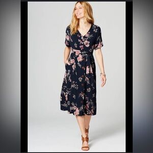 J.Jill Navy Botanical VNeck Stretchy Belted Midi Dress Dolman Sleeve Cottagecore